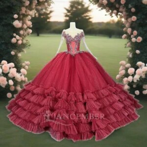 Red Long Sleeves Ball Gown Quinceanera Dresses vestidos de 15 quinceañera vintage Appliques Princess Party Customized DY1285