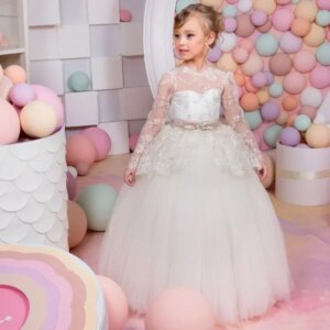 Flower Girl Dresses Ivory Tulle Flory Appliques With Bow Belt Long Sleeve For Wedding Birthday Party Banquet Princess Gowns