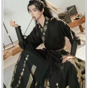 Classical Design Men’s Embroidery Gold Stamp Hanfu Dress Traditional Cross Collar Costume Stylish Niche Swordsman Cosplay Suits