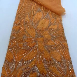 Orange French Mesh Lace Fabric Beads African Lace Fabrics Nigerian Mesh Lace Fabric For Nigerian Dresses Party Wedding, A1048-1