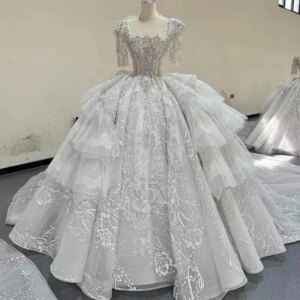 Vestidos Novias Hlaf Sleeves Square Collar Beading Crystal Ball Gown Wedding Dress Lace Long Bridal Dress