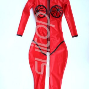 Men’s latex rubber bodysuits inflatable bust with back to crotch zip in high quanlity level in red and black trim
