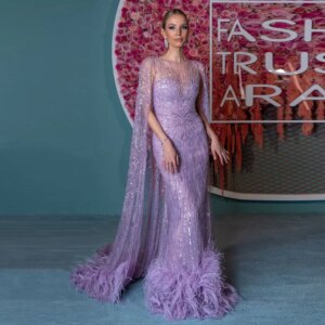 Luxury Evening Dresses with Feathers Tassel Cape Sleeves Prom Gowns Chic Fashion Beads Sequined Mermaid Purple Party Dresses