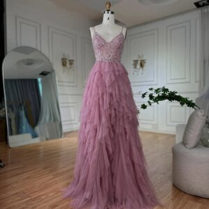 Customized Exquisite Organza Crystal Pearls Tiered Evening Dresses Delicate V-Neck Celebrity Gowns Custom Size Prom Dr