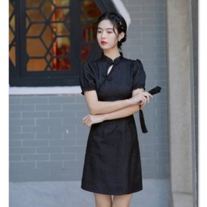 Black Short Cheongsam Qi Pao Dress Summer New Fashion Improvement Young Girl Sexy Daily
