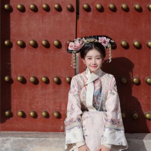 Hanfu women’s printed ancient garment cloak waist skirt Qipao two-piece set of travel photography heavy industry