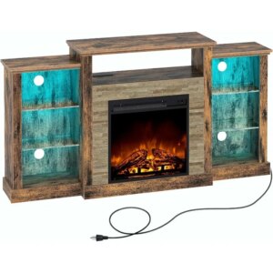 Fireplace TV Stand with Led Lights and Power Outlets, TV Console for TVs up to 65″, Entertainment Center with Adjustable Glass