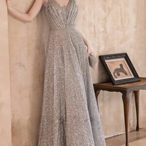 Gorgeous Grey Evening Dress Extravagant V-Neck Sequins Sleeveless Backless Spaghetti Straps Special Occasion Celebrity Gowns