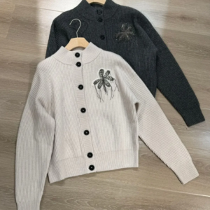 100% Cashmere Women Beaded Embroidery Cardigan Single Breasted Stand Collar Long Sleeve Casual Female Knitted Sweater