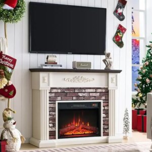 Electric Fireplace TV Stand with Realistic Flame Effect 43″ Mantel Heater Remote Control Stacked Stone Surround Overheat Safety