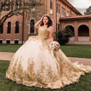 EVLAST Customized 2025 Ivory Ball Gown Quinceanera Dress Gold Lace Applique Beading Tiered Sweet 16 Vestidos De 15 Anos E1Q747