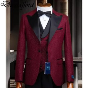 Red Glitter Crystal Evening Party Men Suits Three Pieces Blazer Groom Wear ( Jacket Vest Pants)