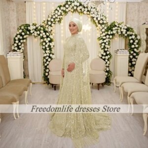Luxury Muslim Evening Dresses Long Sleeves Beading Pearls Second Dress For Wedding Reception Cape Customized Prom Gowns