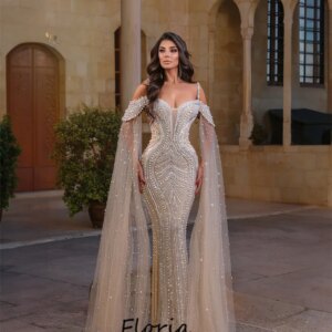 Elegant Full Pearls Evening Dresses Customized Spaghetti Straps Beading Long Sleeves Bride Party Dress Engagement Dress Robes
