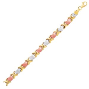 14k TriColor Gold Fancy Satin Heart Line Bracelet