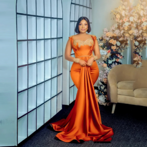 Illusion Gorgeous Bead Mermaid Formal Gowns Overskirt Beading Full Sleeves Applique Evening Dresses Elegant Orange Prom Dresses