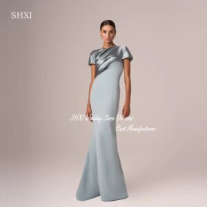 SHXI Elegant Mermaid Long Skirt Evening Dress satin finish Beautiful Round Neck Ice Blue Dance Formal Dress Custom 2025