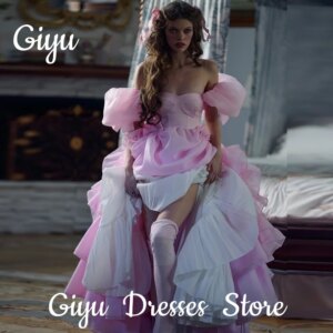 Giyu Princess Pink Evening Dress Side Split Organza Pleat Puff Sleeves Prom Dress Tiered Ruffle Birthday Party Dress Customized