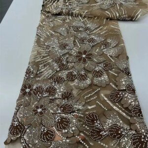 African Sequined Beaded Lace Fabric 2025 High Quality Nigerian Tulle Lace Fabric 5 Yards Handmade Fabrics for Woman Party Q405-1