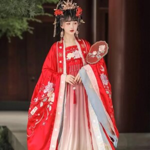 Women’s Han Chinese Clothing Red Traditional Qi Chest Cheoko Skirt Style Ancient Costume Wedding Clothes Flower Daily Spring