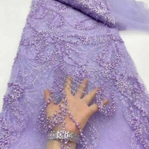 2025 High Quality New Arrival African Handmade Beaded Tulle Lace Fabric Nigerian Sequins Lace Fabric Women Wedding Dress 5 Yards