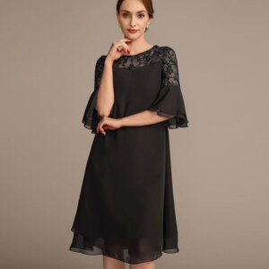 Customized Black A-Line Prom Dresses Tea-Length O-Neck Half Sleeve Evening Dresses Fashion Lace Sequined Simple Draped Flouncing