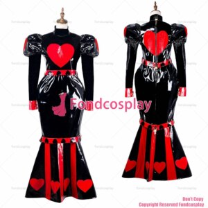 fondcosplay adult sexy cross dressing sissy maid long black heavy pvc dress lockable Uniform Heart Fish tail CD/TV[G2178]