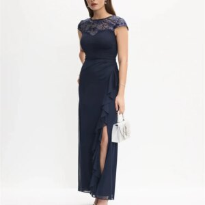 Customized Exquisite Lace Beaded Ruffled Mother Dress, Hat Sleeves, Round Neck Pleated Body, Ruffled Hem, Formal Evening Dress