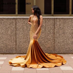 EVLAST Customized Luxury 2025 Gold Mermaid Prom Dress Shiny Crystal Beaded Black Girls Birthday Evening Gala Party Gown E2P415