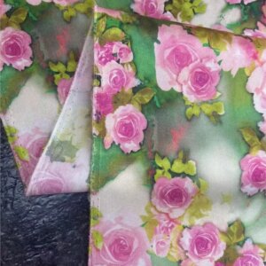 Pink and green contrasting color printed elastic twill silk fabric elegant shirt dress