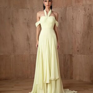CustomizedClassic Long Yellow Chiffon Evening Dresses A-Line Halter Neck Pleated Prom Dresses for Women for Special Ocn