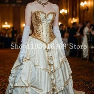Champagne Vintage Victorian Prom Dress Bustier Corset Satin Applique Pleated Women’s Party kleider für besondere anlässe Custom