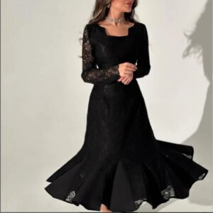 Customized Black Straight Prom Dresses Tea-Length Square Collar Full Sleeve Evening Dresses Simple Lace Draped Party Dresses