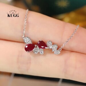 KUGG 100% 18K White Gold Necklace Romantic Water Drop Shape Luxury Diamond Natural Ruby Necklace for Women High Wedding Jewelry