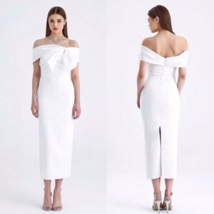 Little Daisy CustomizedPleat Bow Draped Straight Off-the-shoulder Midi Dresses Bespoke Occasion Dresses Classic