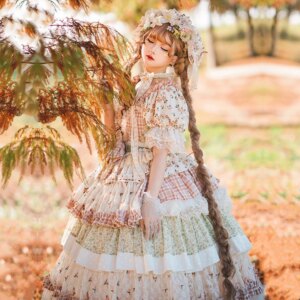 Light Flower Wedding Tea Picking Girl Pastoral Style Lolita Patchwork Bow Op Dress Multi-layer Cake Dress Cotton Short-sleeved