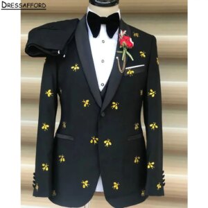 Black Men Business Bee Appliques Formal Occasion Tuxedos Grooms Wedding Party Prom Male Suit 2 Piece Set Blazer Pants