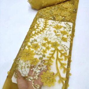 African Lace Fabric 2024 High Quality French 3D Flower Sequins Embroidery Beads Tulle Lace Fabric For Party Dress YY