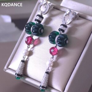 KQDANCE Solid 925 Silver High carbon Diamond Carved Green Red Gemstone Leaf Fruit Style Pearl Long Drop Earrings For Women