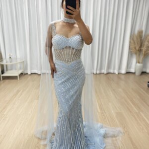MYMB Spaghetti Strap Long BLUE Mermaid Beaded Cape With Sleeves Evening Dresses Gowns for Women Wedding Party Customized MB40394