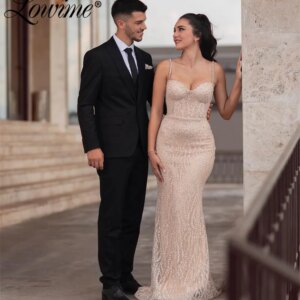  Champagne Spaghetti Straps Party Dress Pearl Lace Mermaid Party Second Reception Birthday Evening Gowns 2024 Long Prom Dresses