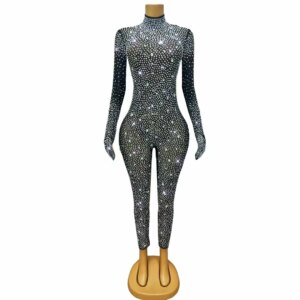 Shizuan Luxury Sparkly Full Crystals Black Sheer Mesh Jumpsuit Women Night Party Outfit Festival Celebrate Sexy Tight Jumpsuit