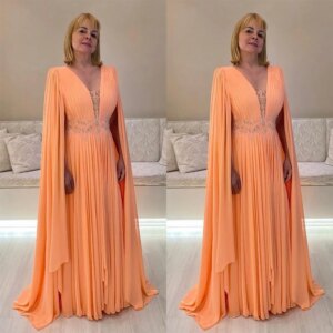 Formal Chiffon Prom Dresses for Women Elegant Appliques Cap Long Sleeve Gowns Special Occasion Floor Length Sweep Train Dress