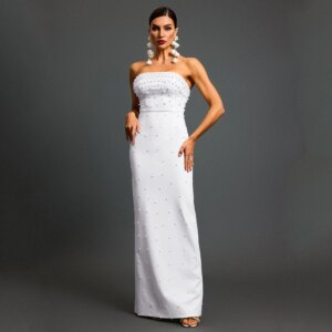 Luxury Formal Dress White Pearls Strapless Floor Length Column Party Gown for Bride Sleeveless Back Split Evening Dresses Long