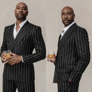 Classic Fit Pinstripe Wedding Tuxedos 2 Piece Set Jacket Pants Double Breasted Men Suit Customized Groom Wear Party Suits