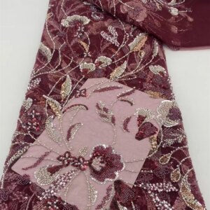 Latest 3D Flower French Wine Beaded Sequin Lace Fabric 5 Yards 2024 High Quality Nigerian African Lace Fabric For Wedding Party