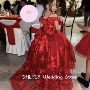 Exquisite Red Flower Girl Dress For Wedding 3D Applique Tulle Beads Crystal Princess Kids Birthday Party Vestidos Customized