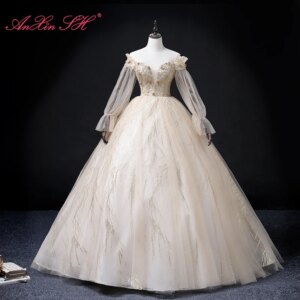 AnXin SH vintage champagne lace boat neck long sleeve illusion beading crystal ball gown lace up customized evening dress