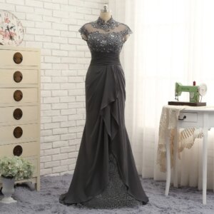 Gray Mother Of The Bride Dresses Mermaid Cap Sleeves Chiffon Beaded Plus Size Long Groom Mother Dresses For Wedding Customized