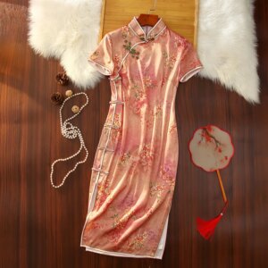 Spring and Summer New High Quality Real Silk Printed Literary Stand Collar Chinese Style Improved Cheongsam Qipao Ladies Dress